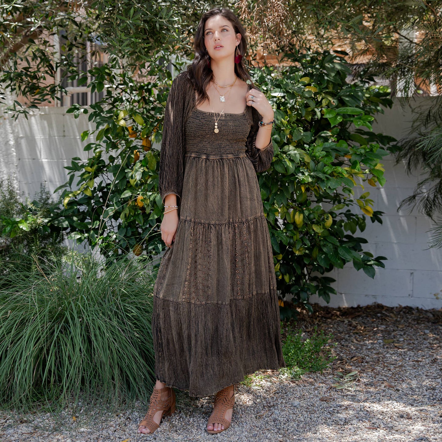 Embroidered Empire Mid-Length Dress (New Color): Amber / REGULAR (S-M-L-XL 1-2-2-1)