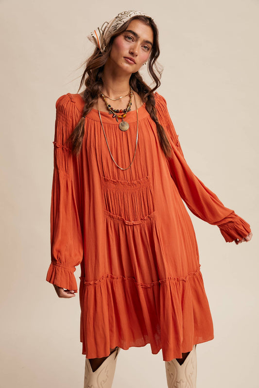 Rust Smocked Tiered Dress