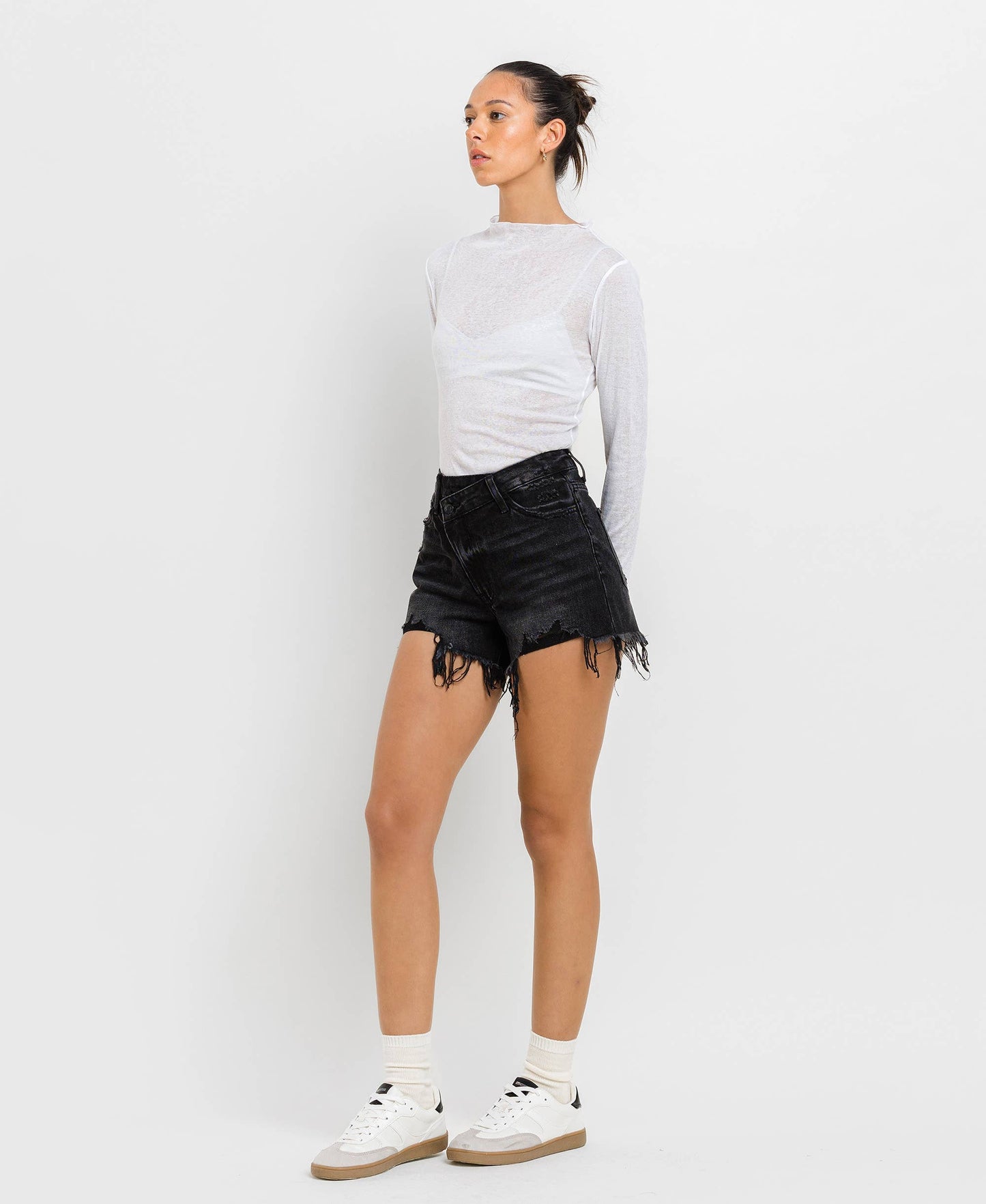 Black High Rise Raw Hem Shorts