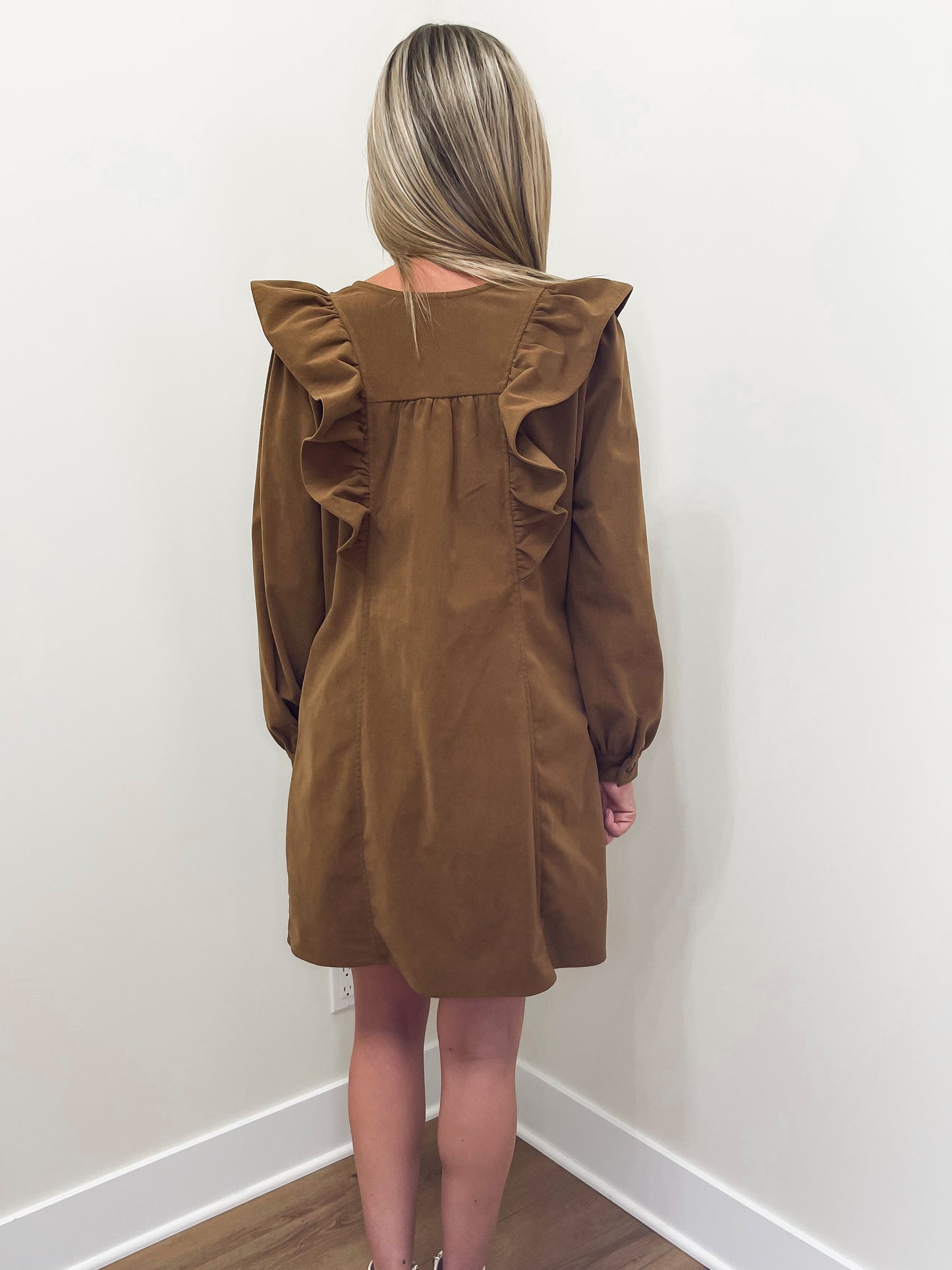 Camel Ruffle Corduroy Dress