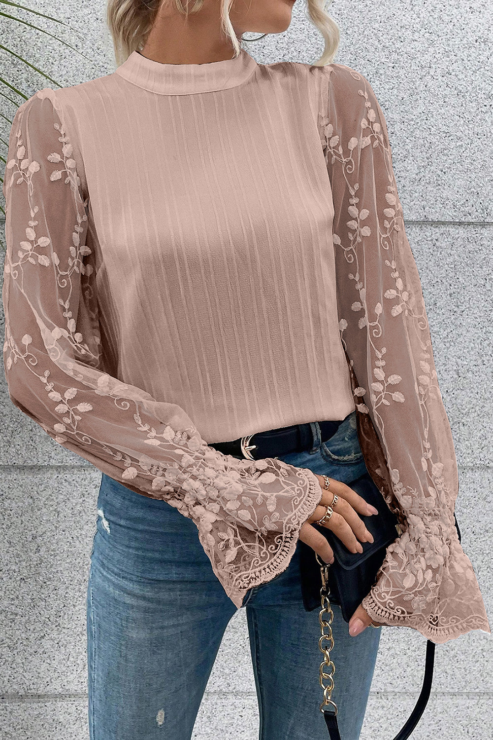 Pink Lace Sleeve Textured Blouse