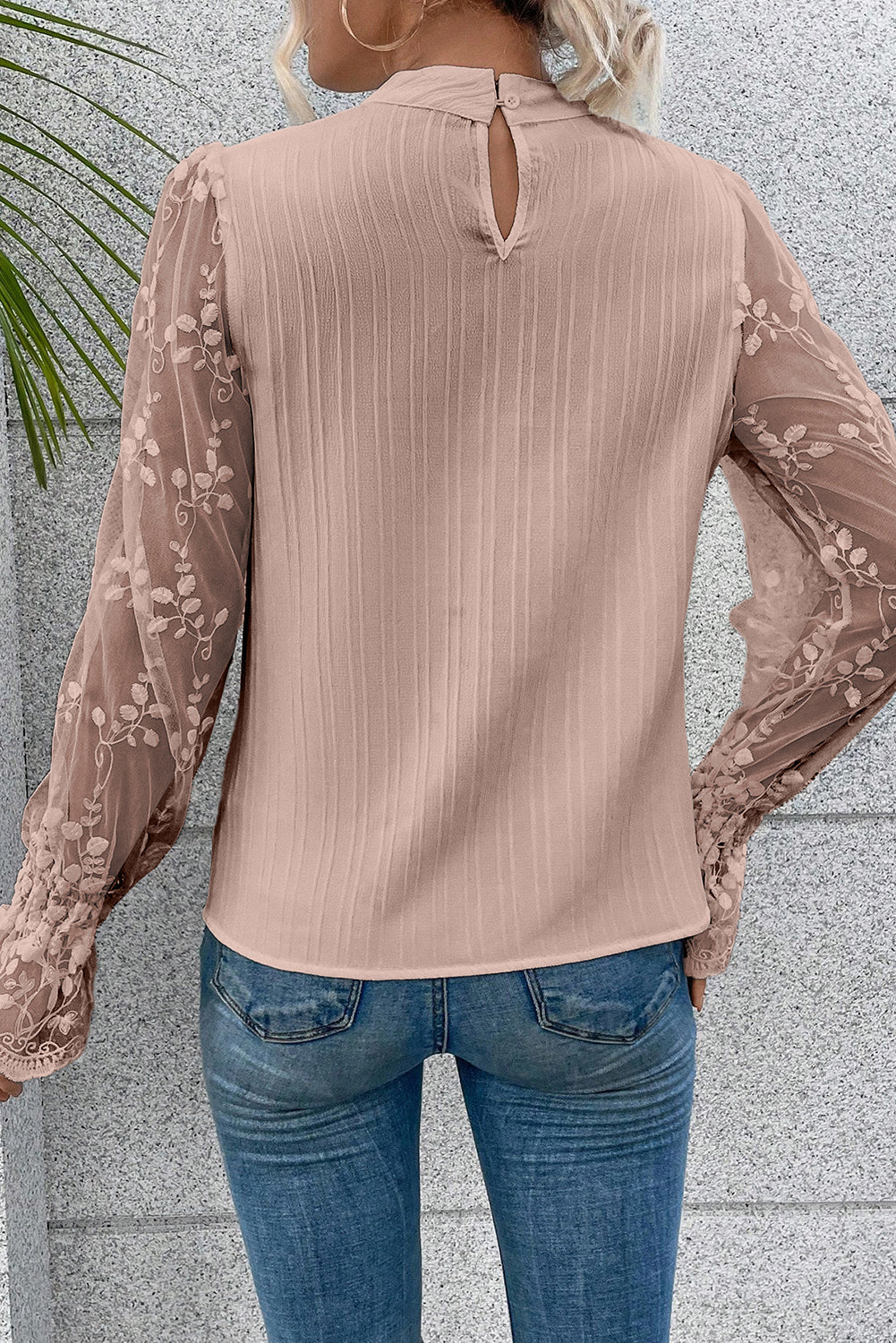 Pink Lace Sleeve Textured Blouse