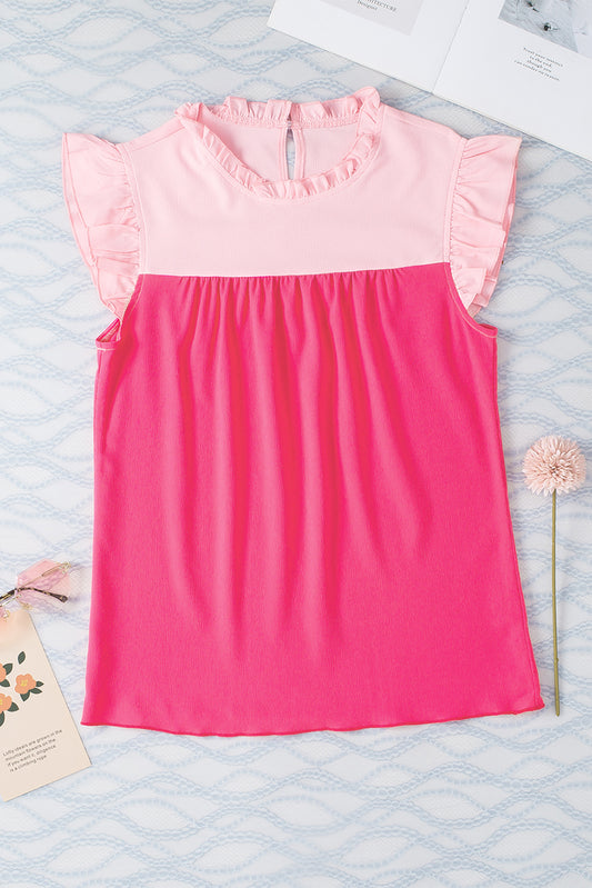 Rose Red Two Tone Ruffled Tank