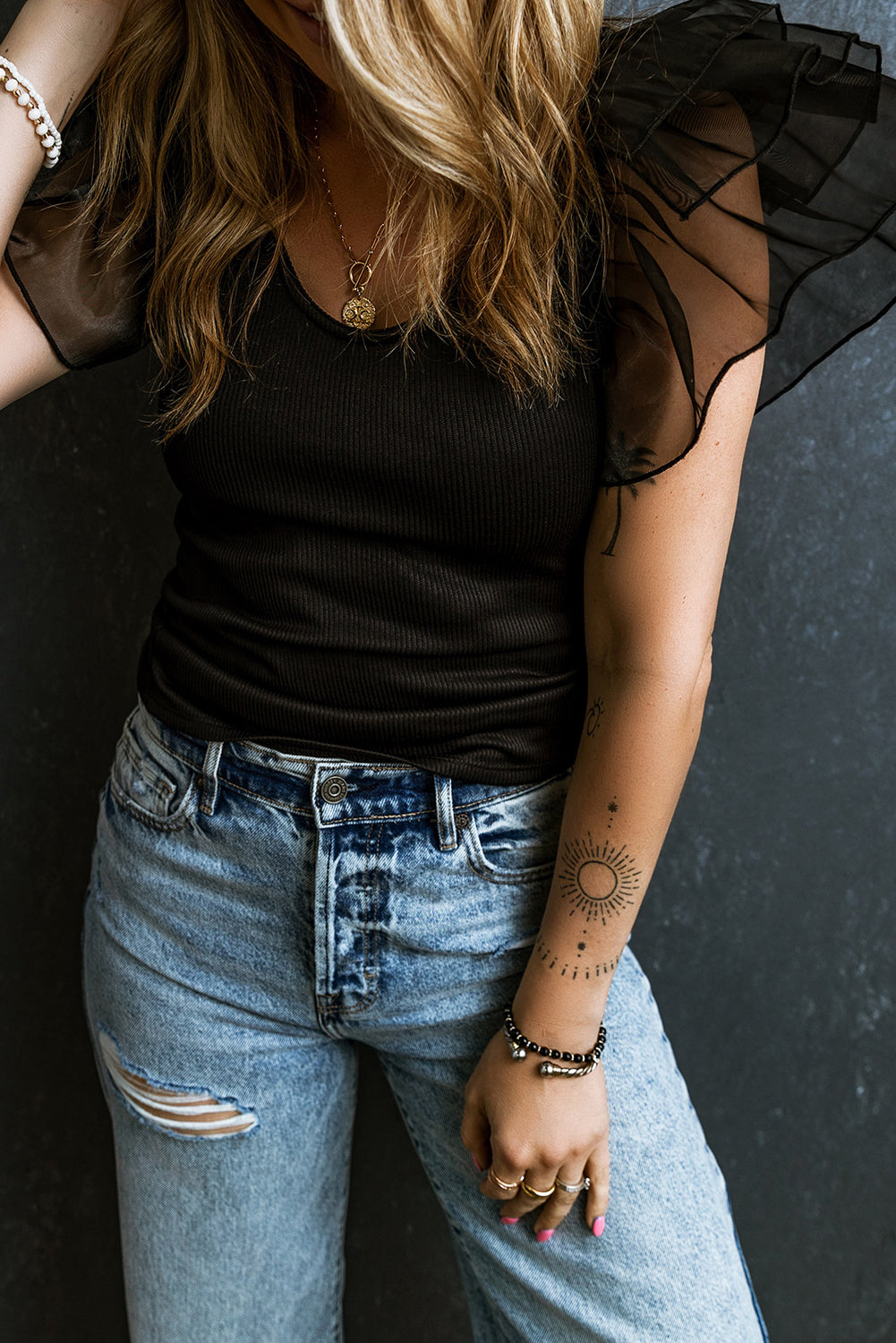Black Mesh Flutter Top