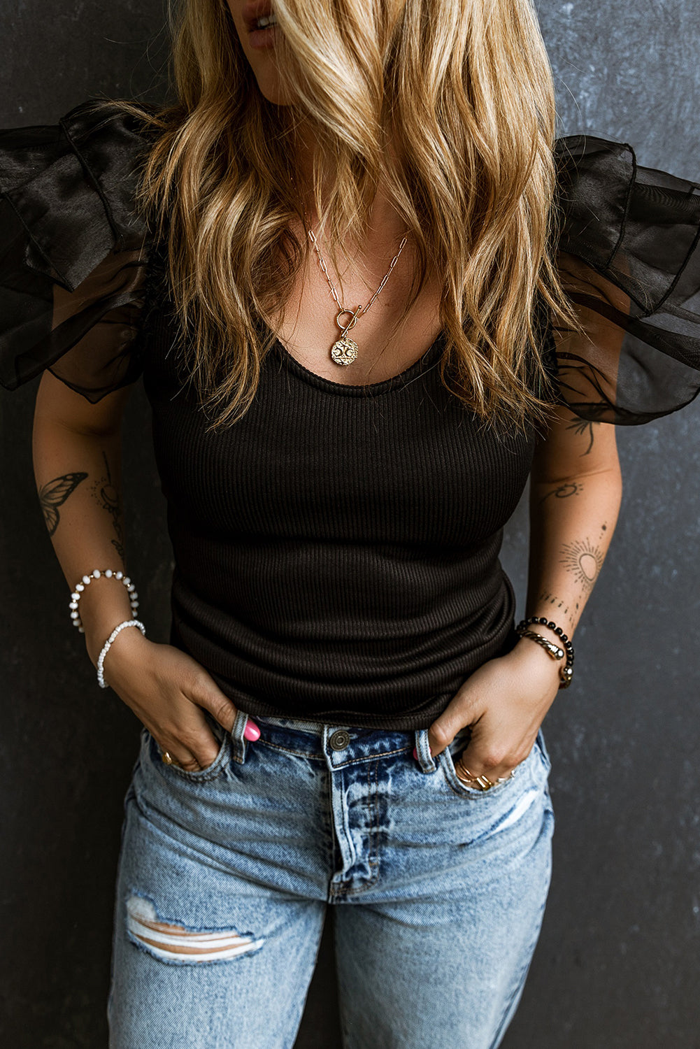 Black Mesh Flutter Top