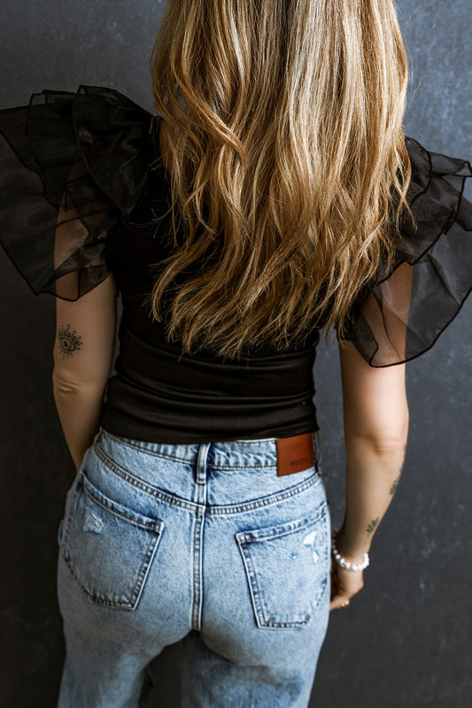 Black Mesh Flutter Top