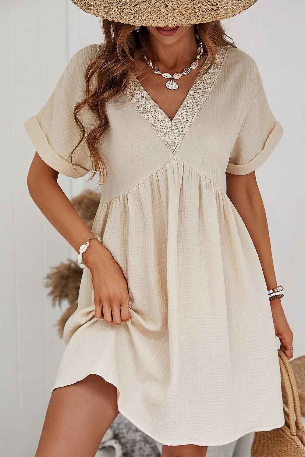 Beige V Neck Mini Dress