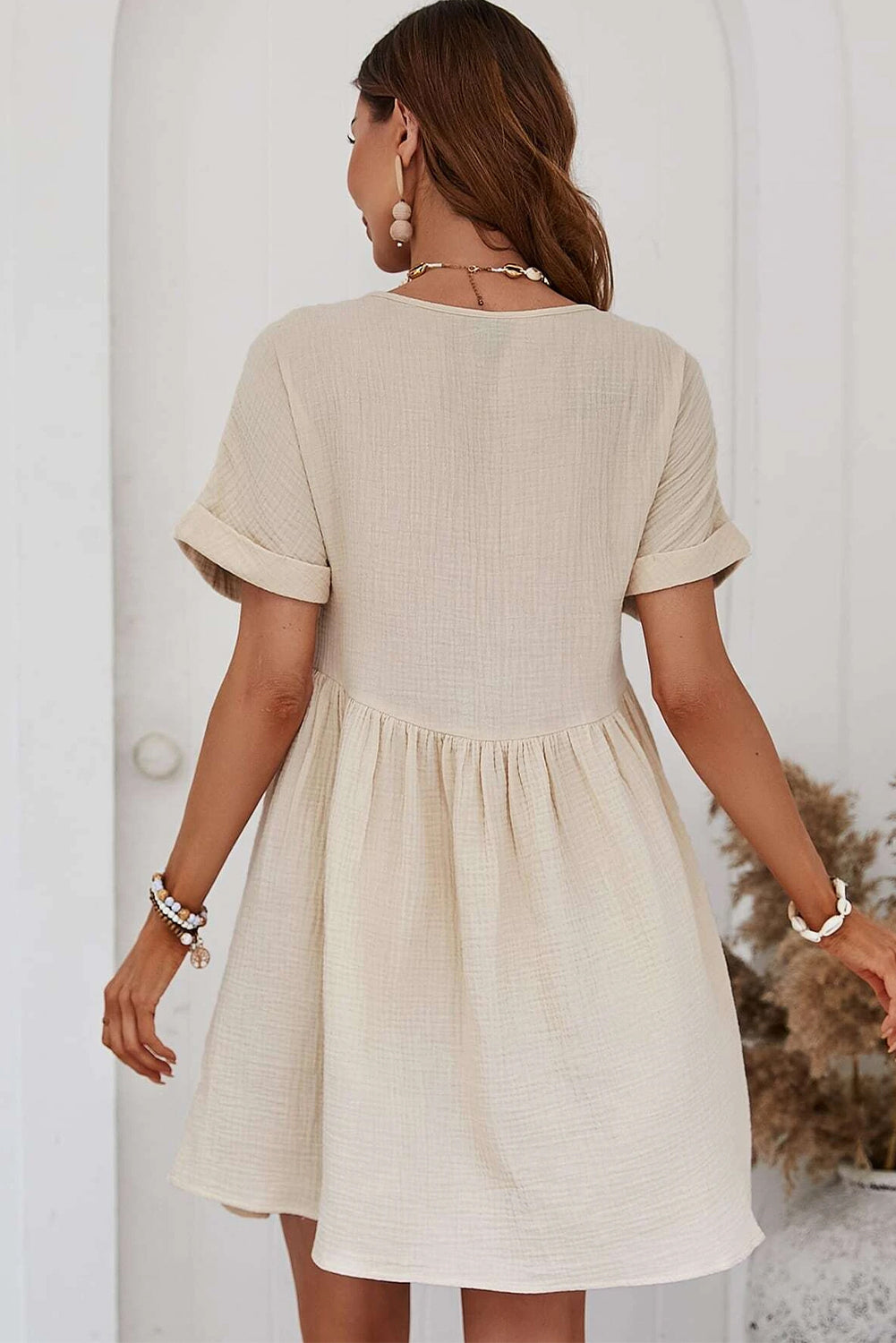 Beige V Neck Mini Dress