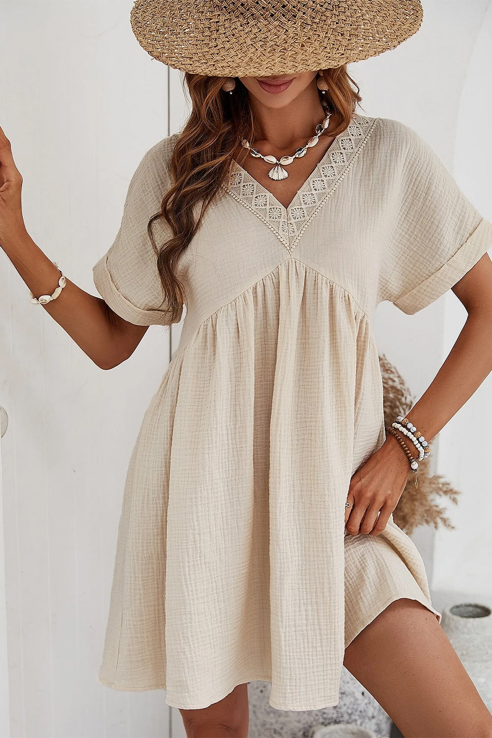 Beige V Neck Mini Dress