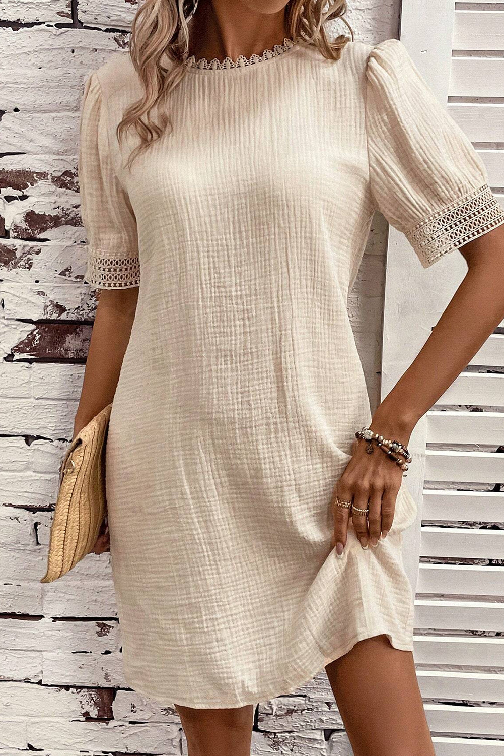 Beige Crinkle Mini Dress
