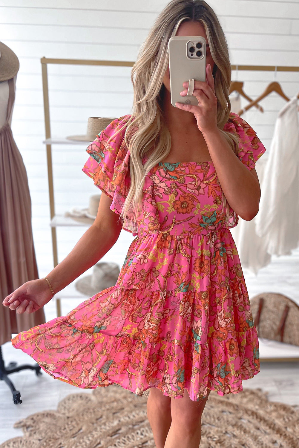 Pink Floral Square Neck Dress