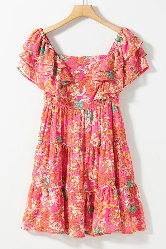 Pink Floral Square Neck Dress