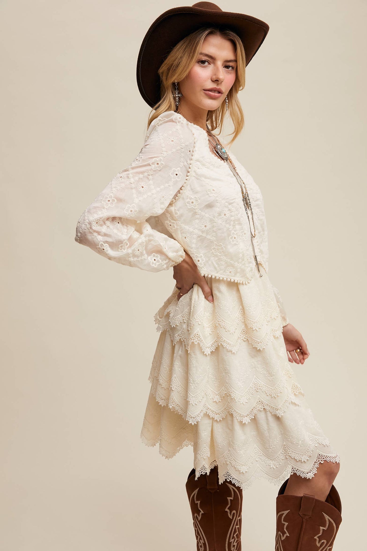 Ecru Tiered Scallop Mini Dress