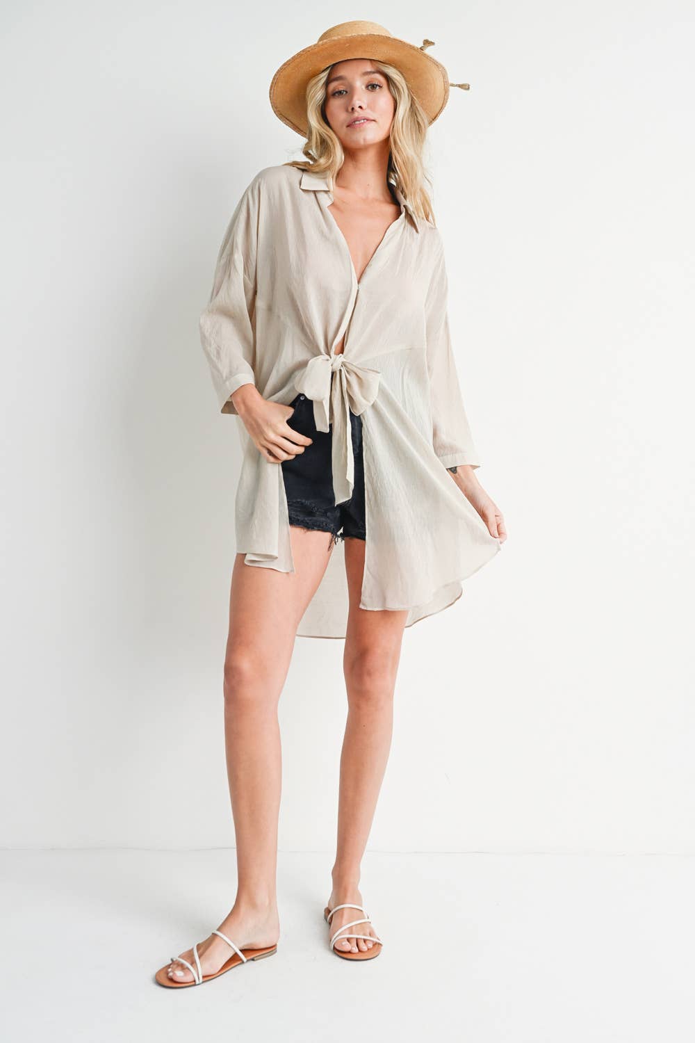 Oatmeal Tie-Front Tunic Shirt
