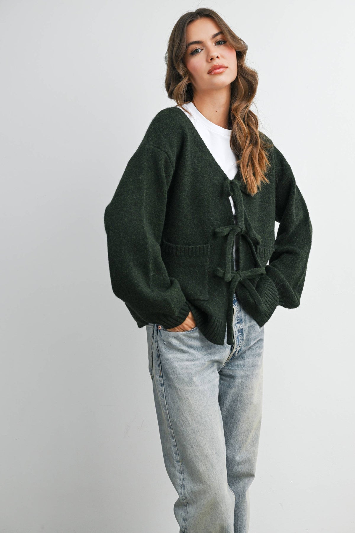 Knot Front Long Sleeve V-Neck Cardigan - BMC7914: TAUPE / M