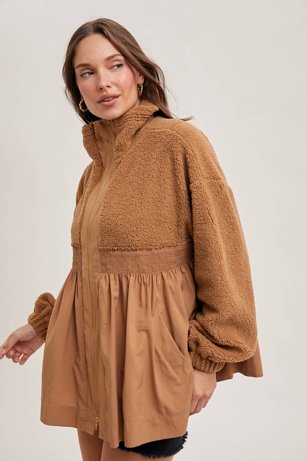 Latte Fleece Babydoll Zip-Up