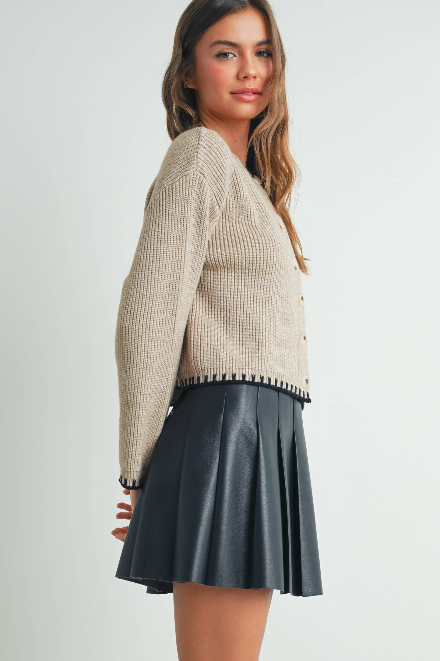 Women's Crewneck Cardigan Sweater - BMC7526: TAUPE / BLACK / S