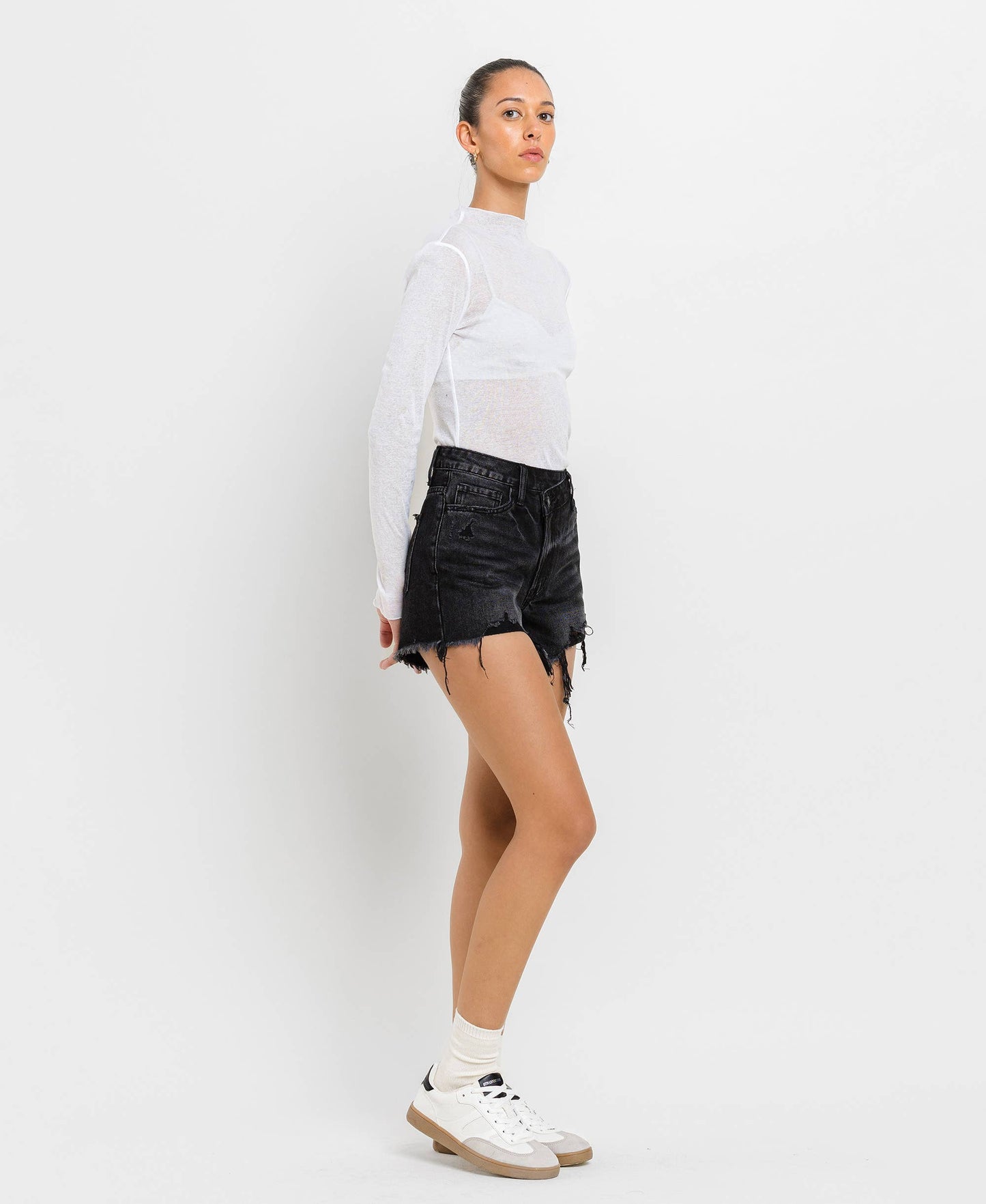 Black High Rise Raw Hem Shorts