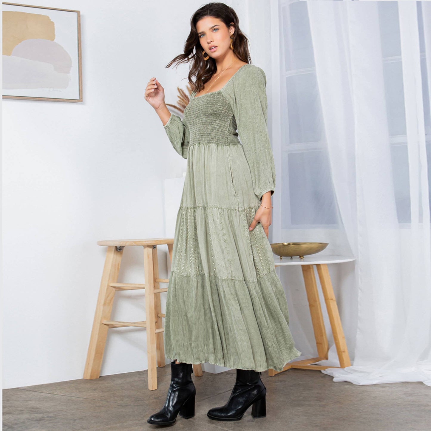 Embroidered Empire Mid-Length Dress (New Color): Amber / REGULAR (S-M-L-XL 1-2-2-1)