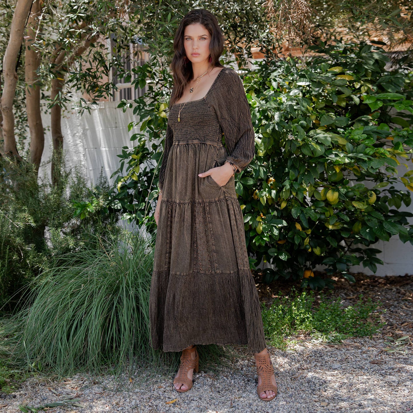 Embroidered Empire Mid-Length Dress (New Color): Amber / REGULAR (S-M-L-XL 1-2-2-1)