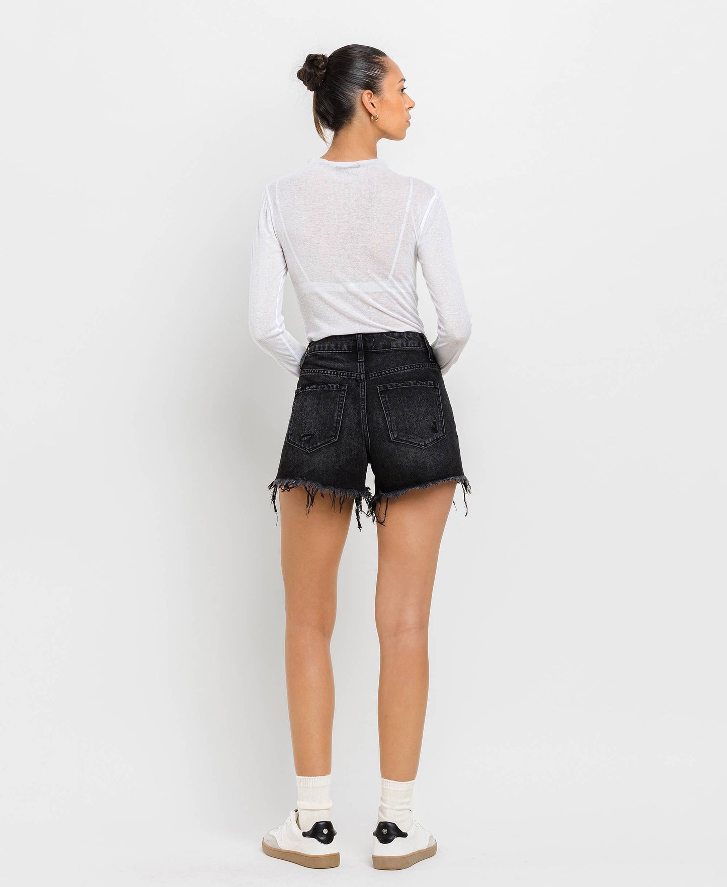 Black High Rise Raw Hem Shorts