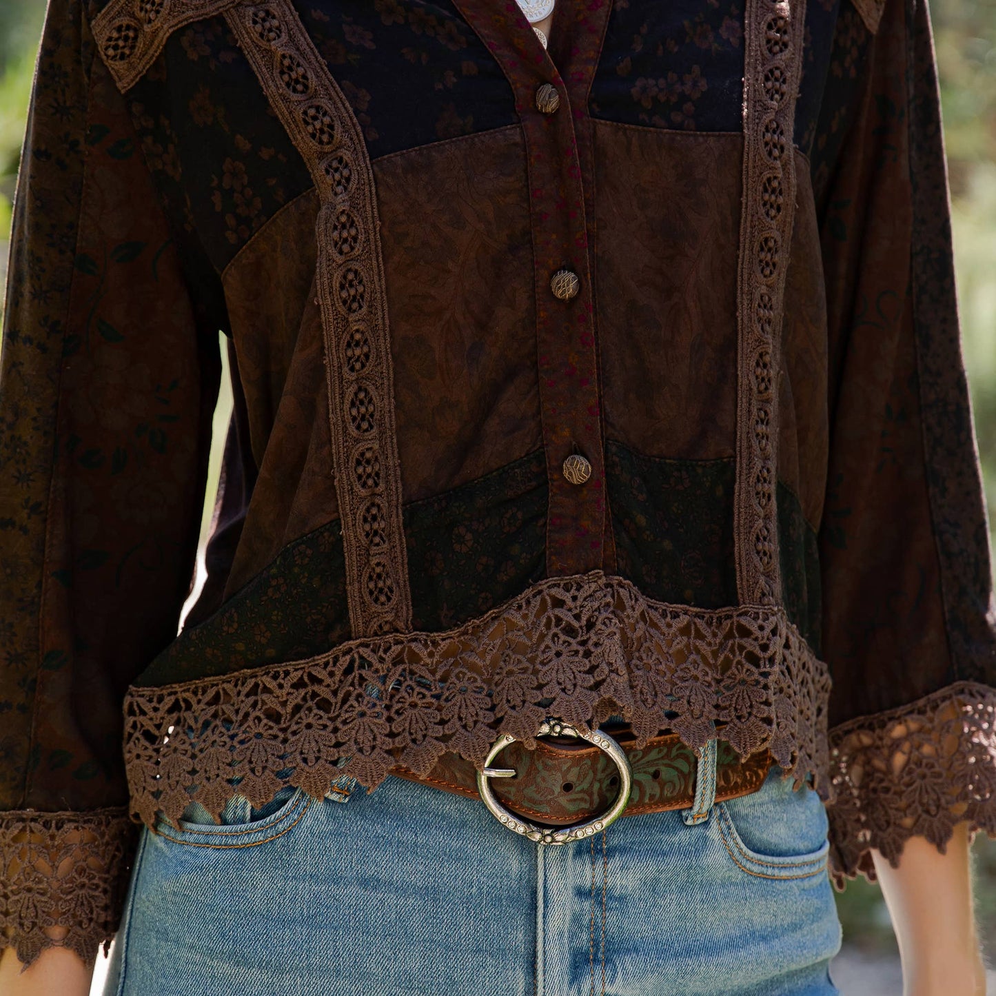Earthy Boho Button Down Cropped Shirt (New Color): Chestnut / REGULAR (S-M-L-XL 1-2-2-1)