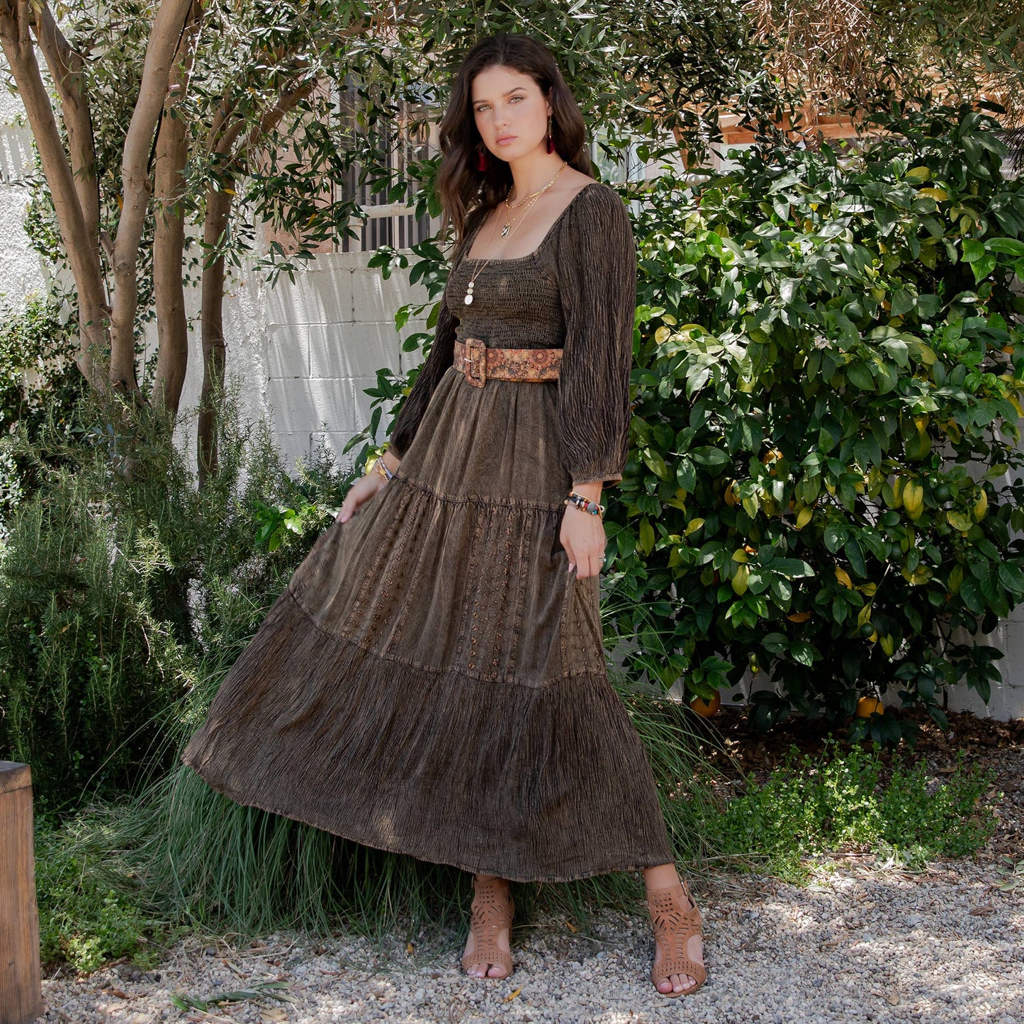 Embroidered Empire Mid-Length Dress (New Color): Amber / REGULAR (S-M-L-XL 1-2-2-1)