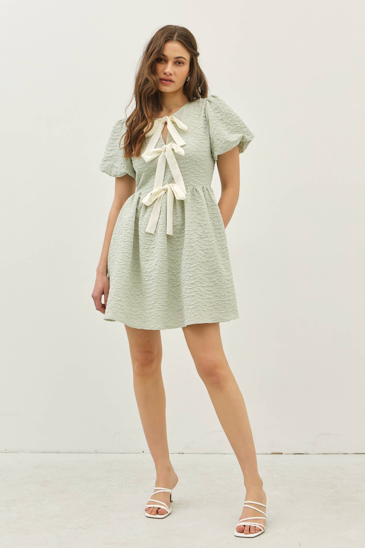 Sage Bubble Bow Tie Mini Dress