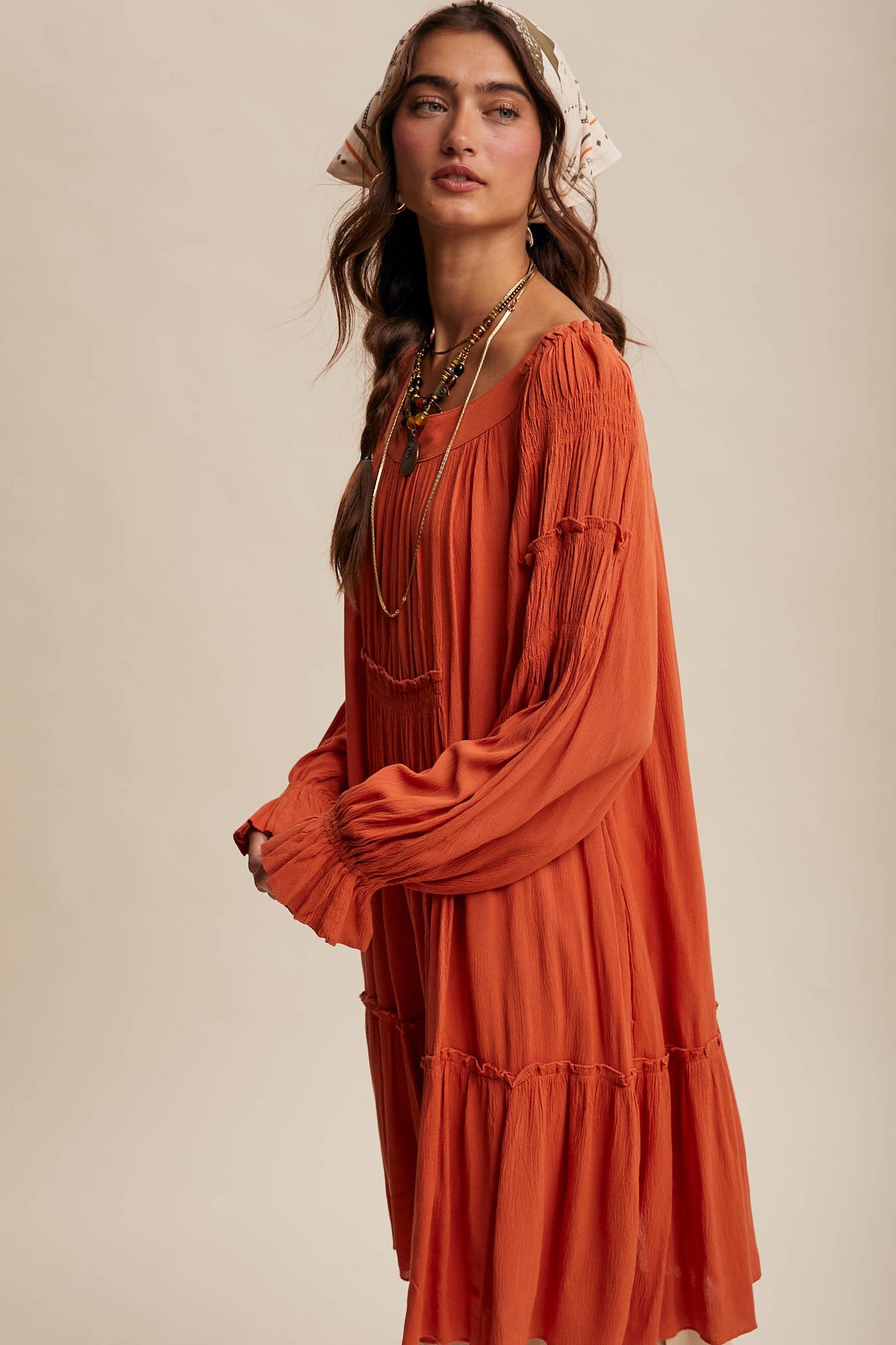 Rust Smocked Tiered Dress