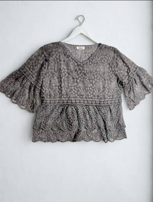 LET3907- BELL SLEEVE LACE TOP: KHAKI / S/M-M/L(3-3)