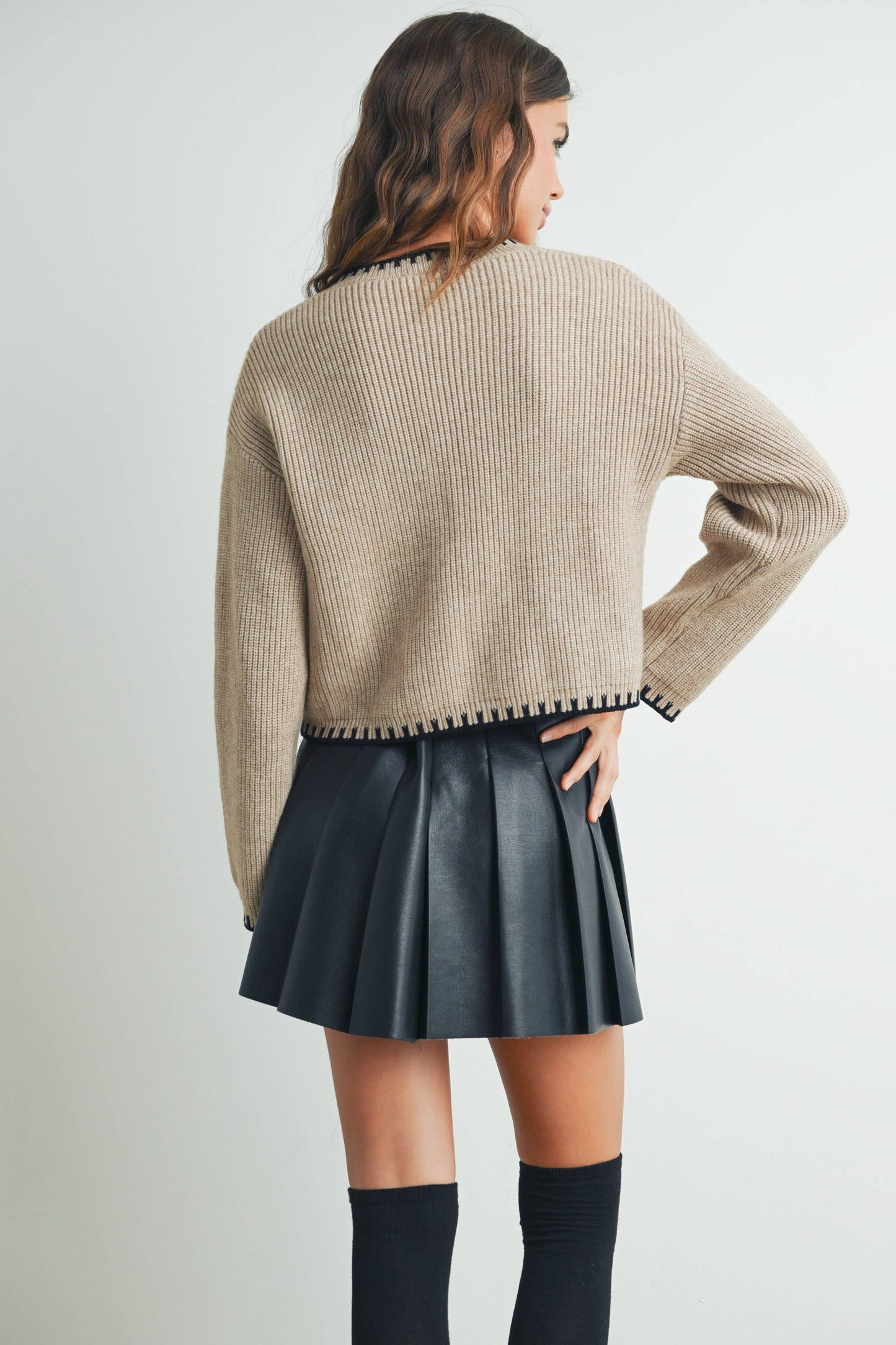Women's Crewneck Cardigan Sweater - BMC7526: TAUPE / BLACK / S