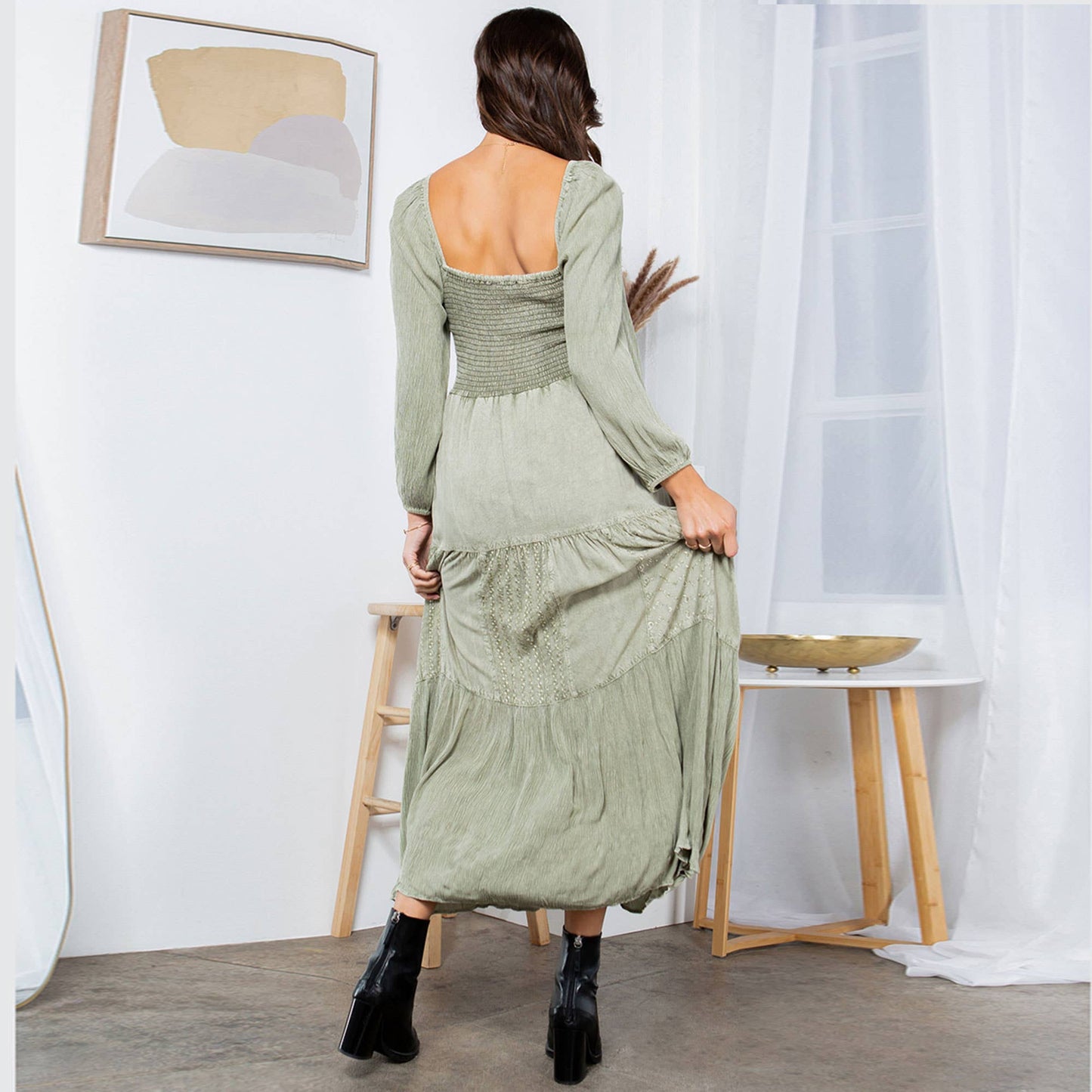Embroidered Empire Mid-Length Dress (New Color): Amber / REGULAR (S-M-L-XL 1-2-2-1)