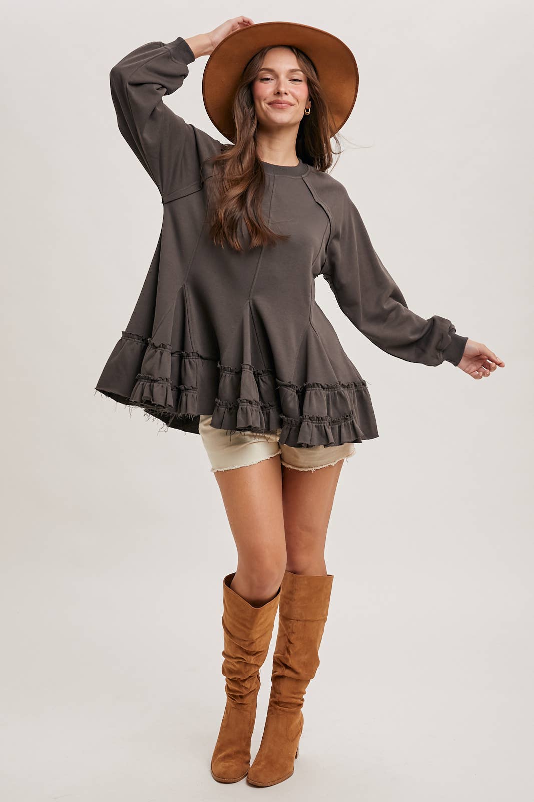 FRENCH TERRY RUFFLED TIERED HEM TUNIC SWEATSHIRT: ASH / M