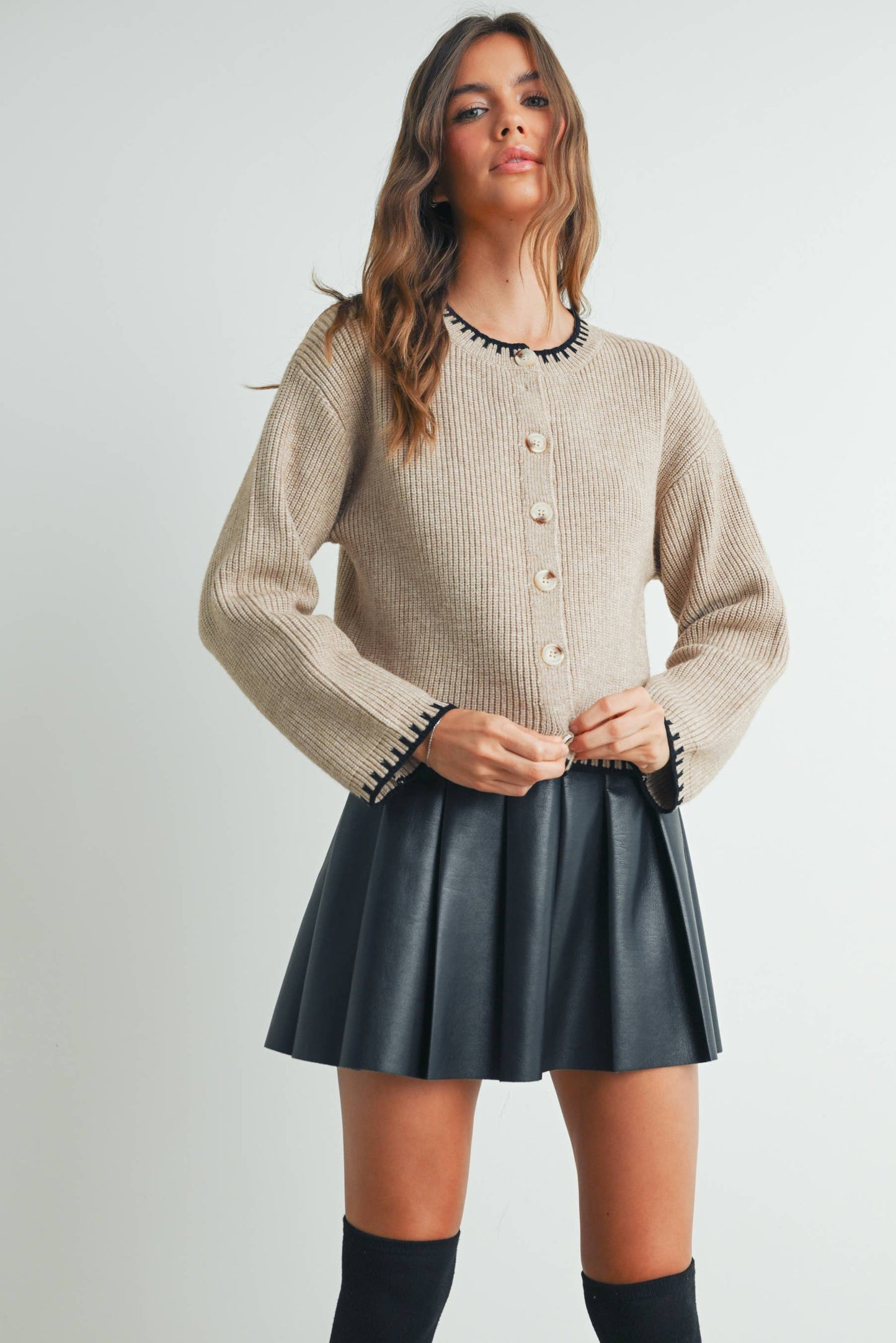 Women's Crewneck Cardigan Sweater - BMC7526: TAUPE / BLACK / S