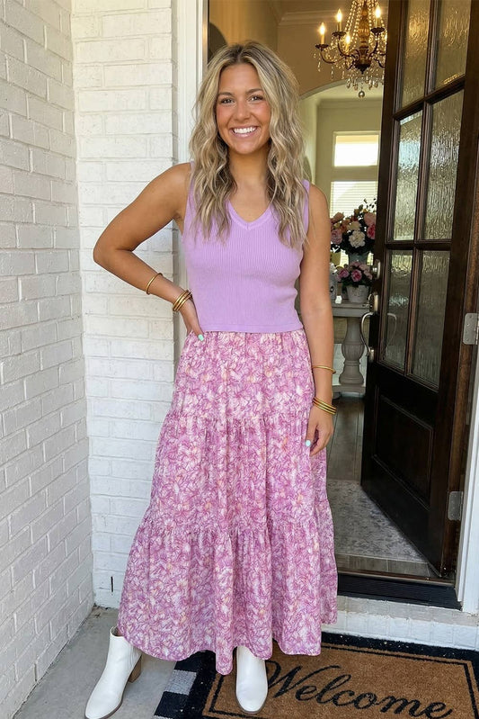 LAS V Neck Ribbed Bodice Floral Tiered Dress (S-XL): Purple / Missy / L