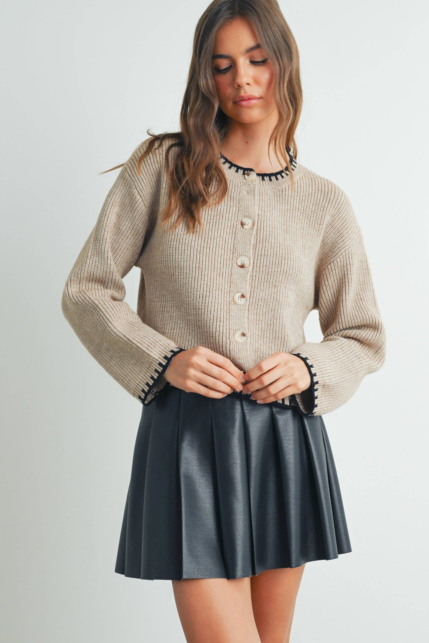 Women's Crewneck Cardigan Sweater - BMC7526: TAUPE / BLACK / S