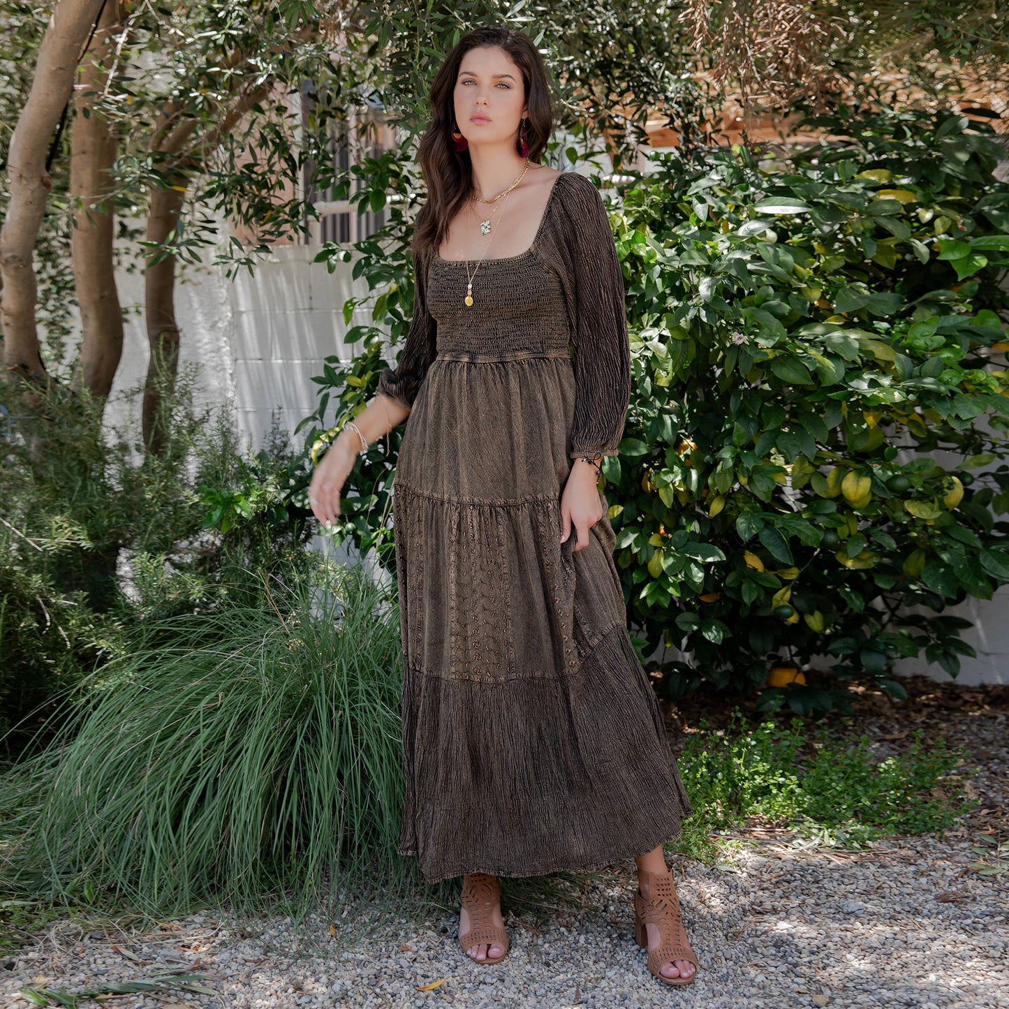 Embroidered Empire Mid-Length Dress (New Color): Amber / REGULAR (S-M-L-XL 1-2-2-1)