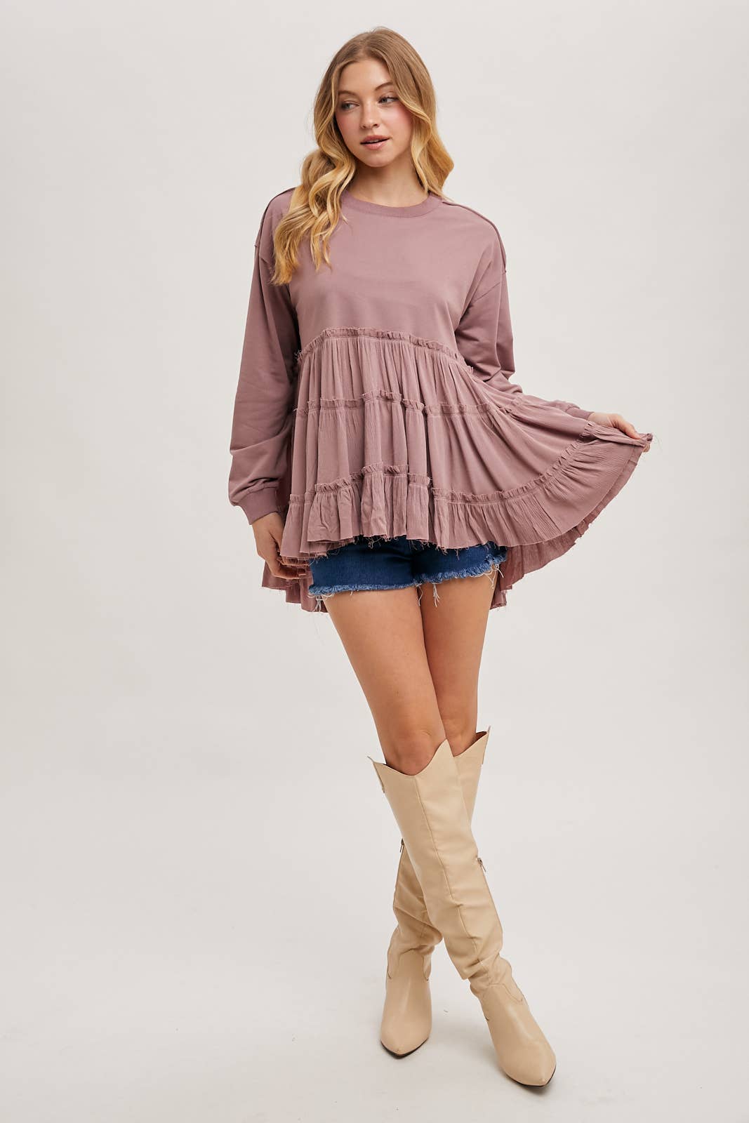 TIERED RUFFLE HEM SWEATSHIRT: OATMEAL / S