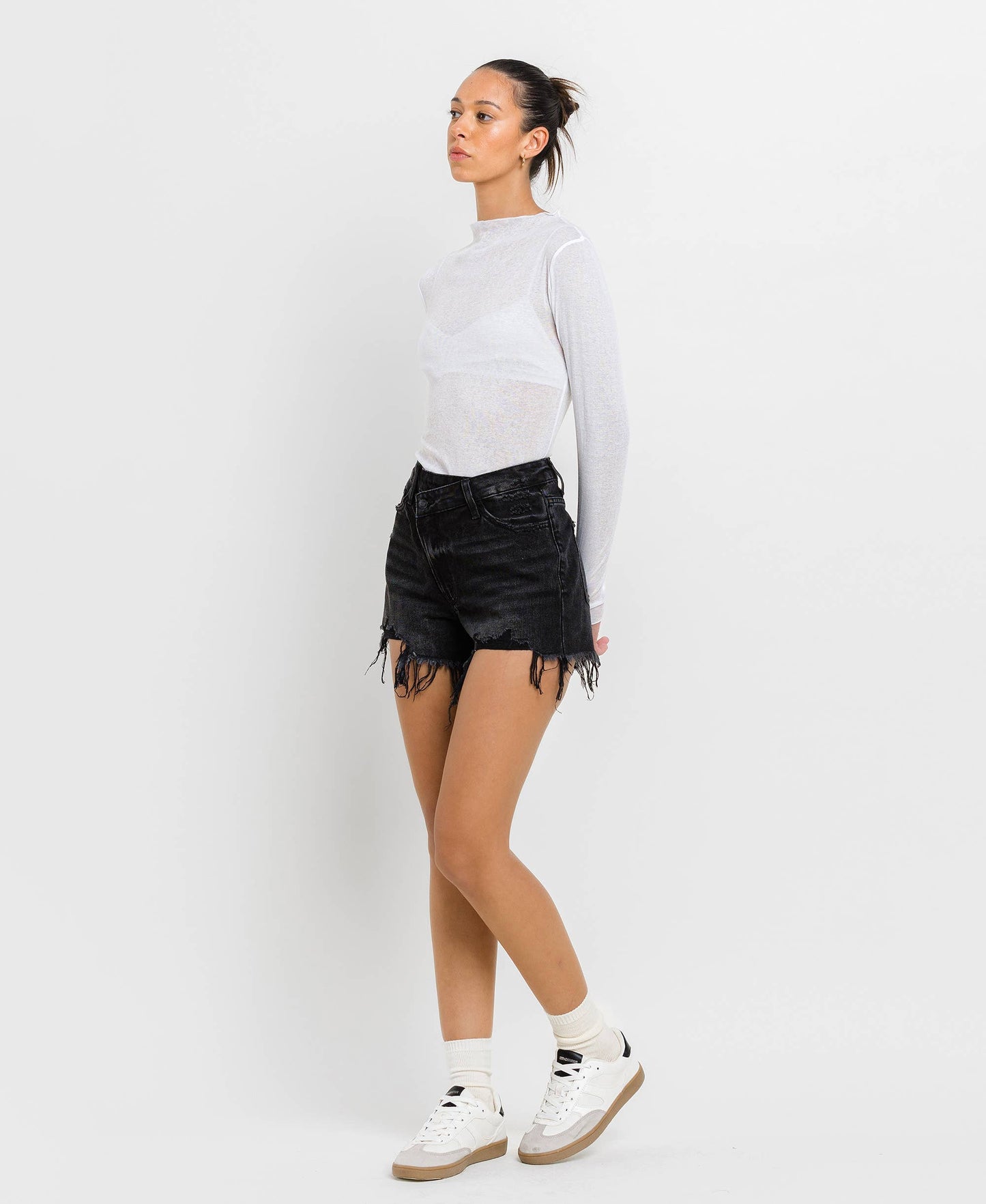Black High Rise Raw Hem Shorts