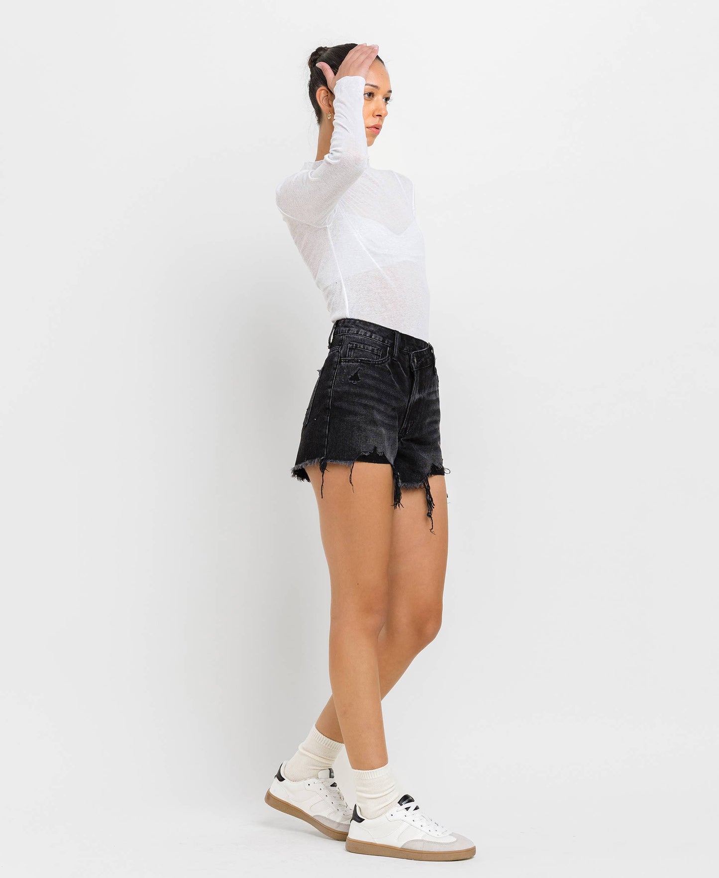 Black High Rise Raw Hem Shorts