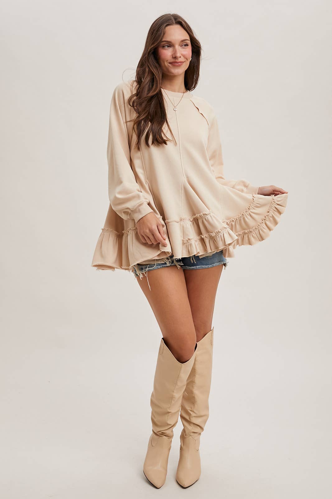 FRENCH TERRY RUFFLED TIERED HEM TUNIC SWEATSHIRT: ASH / M