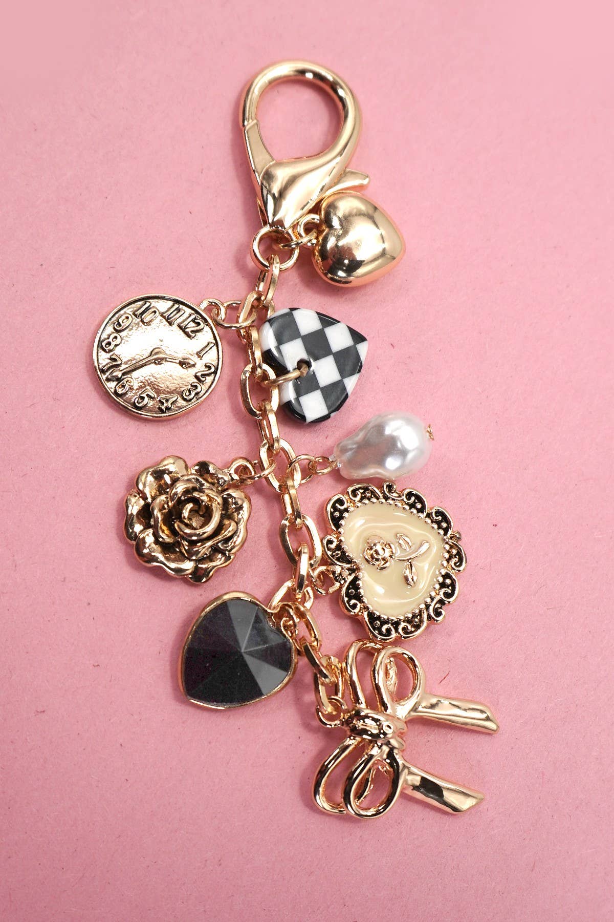 BOW CHECKER HEART FLOWER BAG CHARM | 80K049: Gold