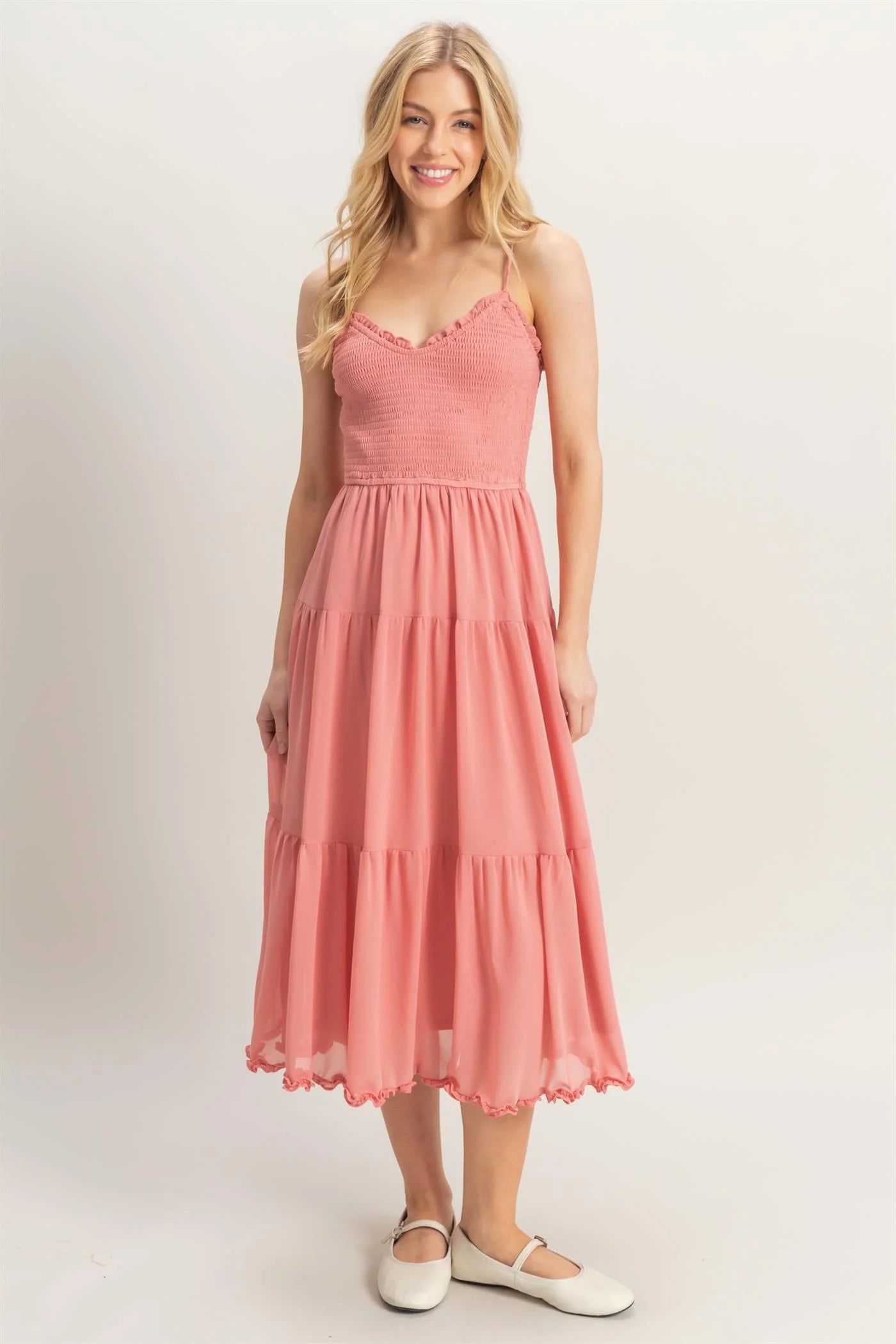 Dusty Pink Chiffon Tiered Midi Dress heywildrose Dusty Pink Chiffon Tiered Midi Dress heywildrose