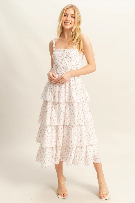 White Floral Tiered Midi Dress