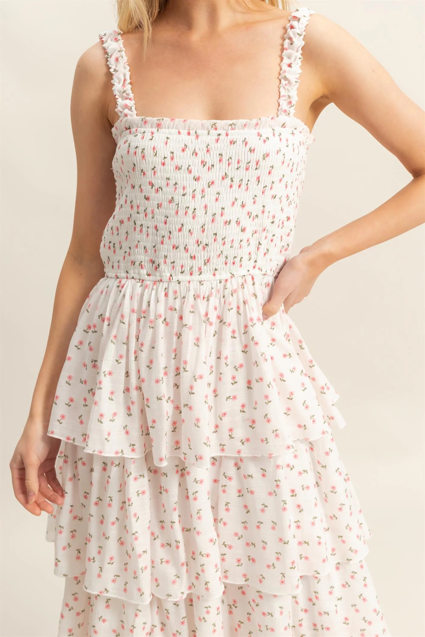 White Floral Tiered Midi Dress