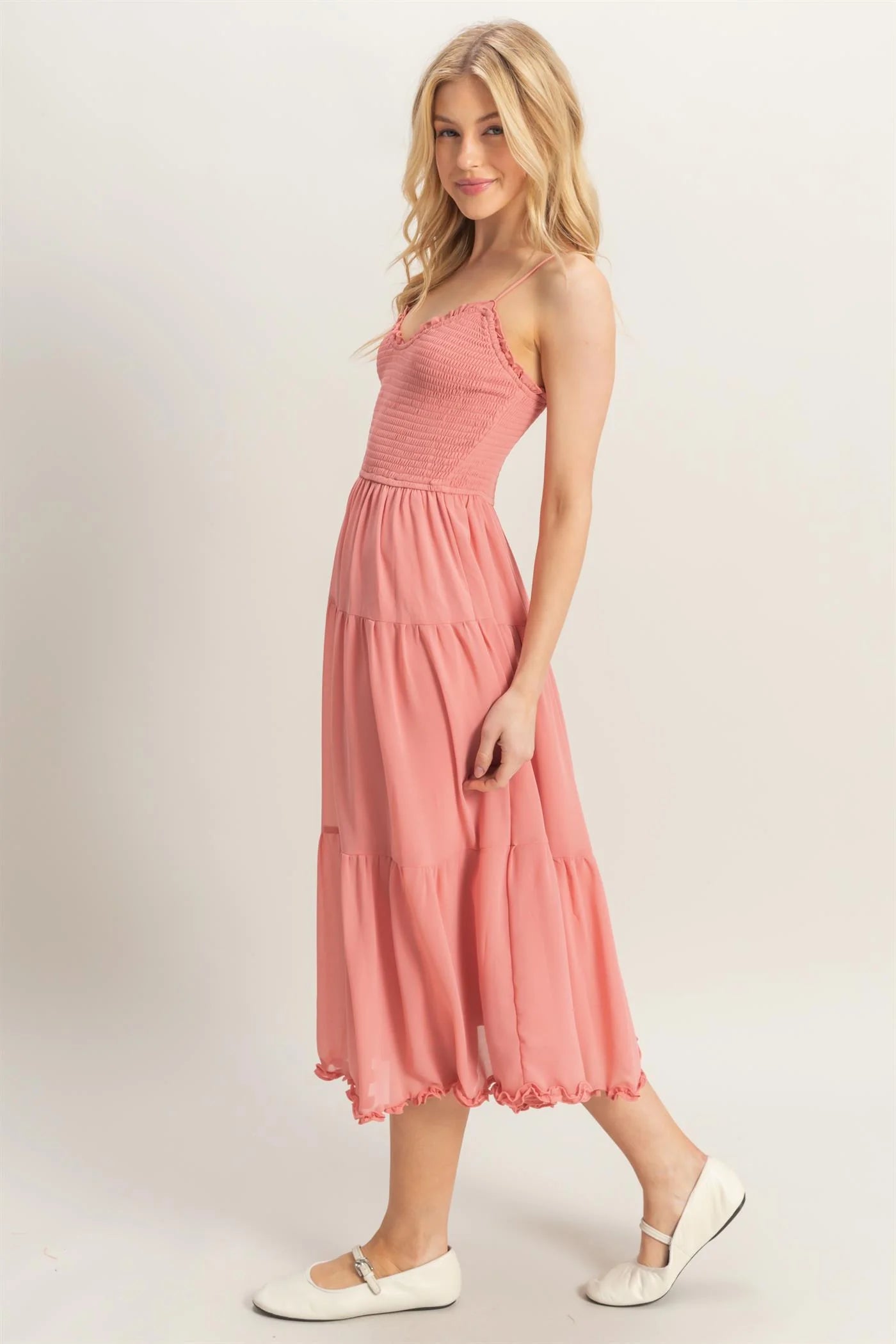 Dusty Pink Chiffon Tiered Midi Dress