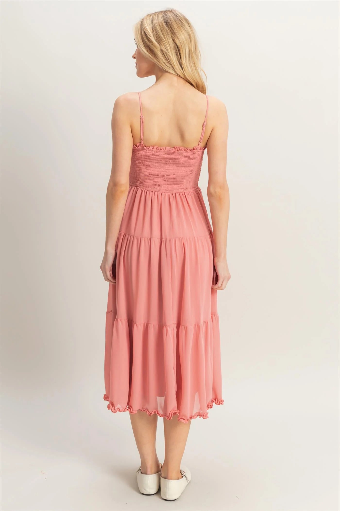 Dusty Pink Chiffon Tiered Midi Dress