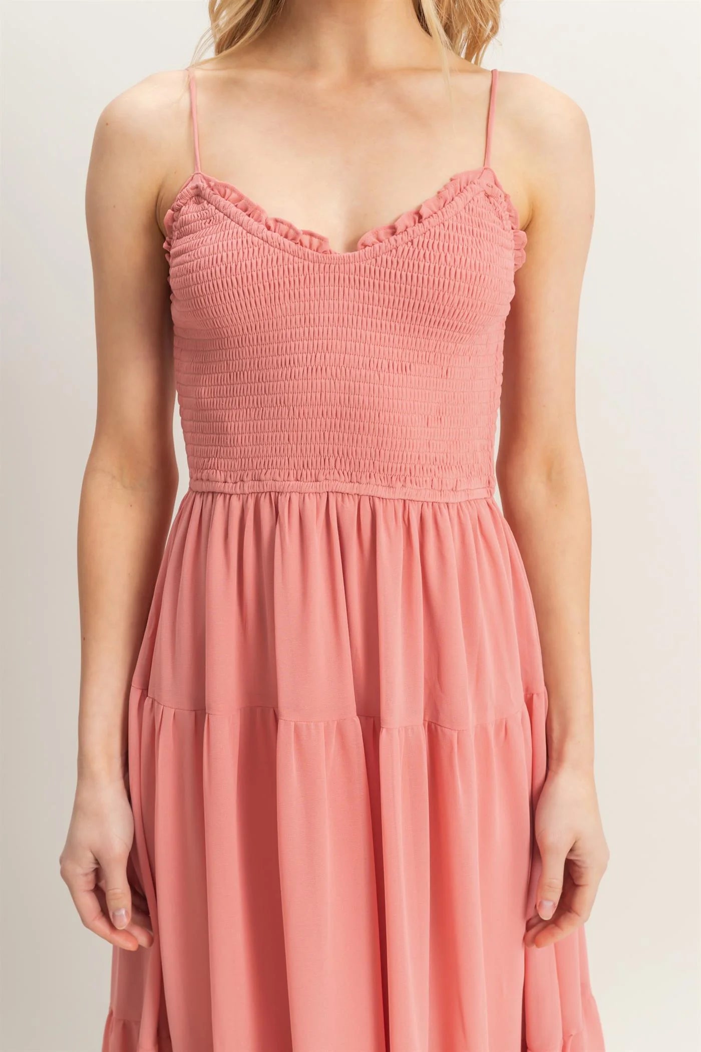 Dusty Pink Chiffon Tiered Midi Dress