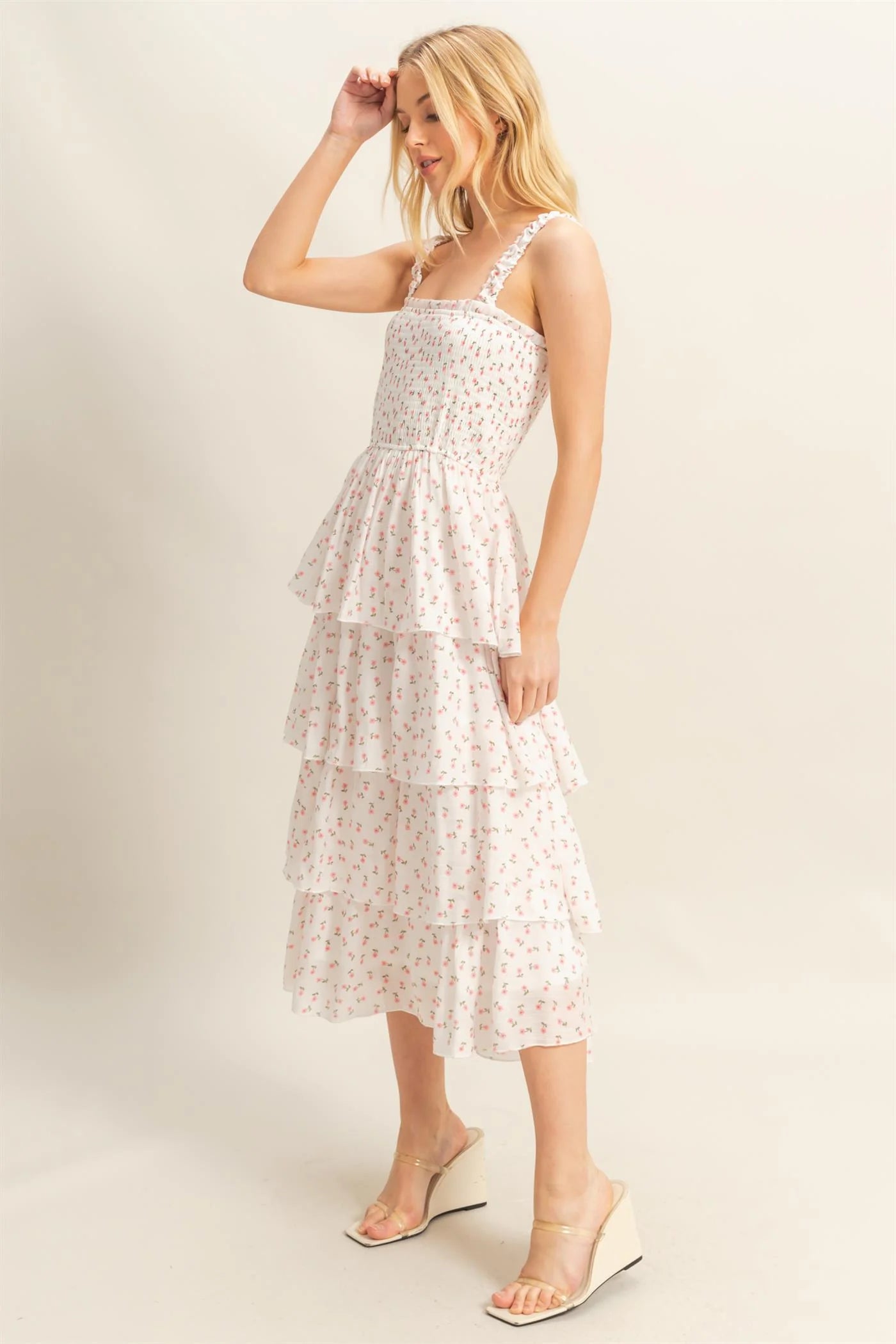 White Floral Tiered Midi Dress