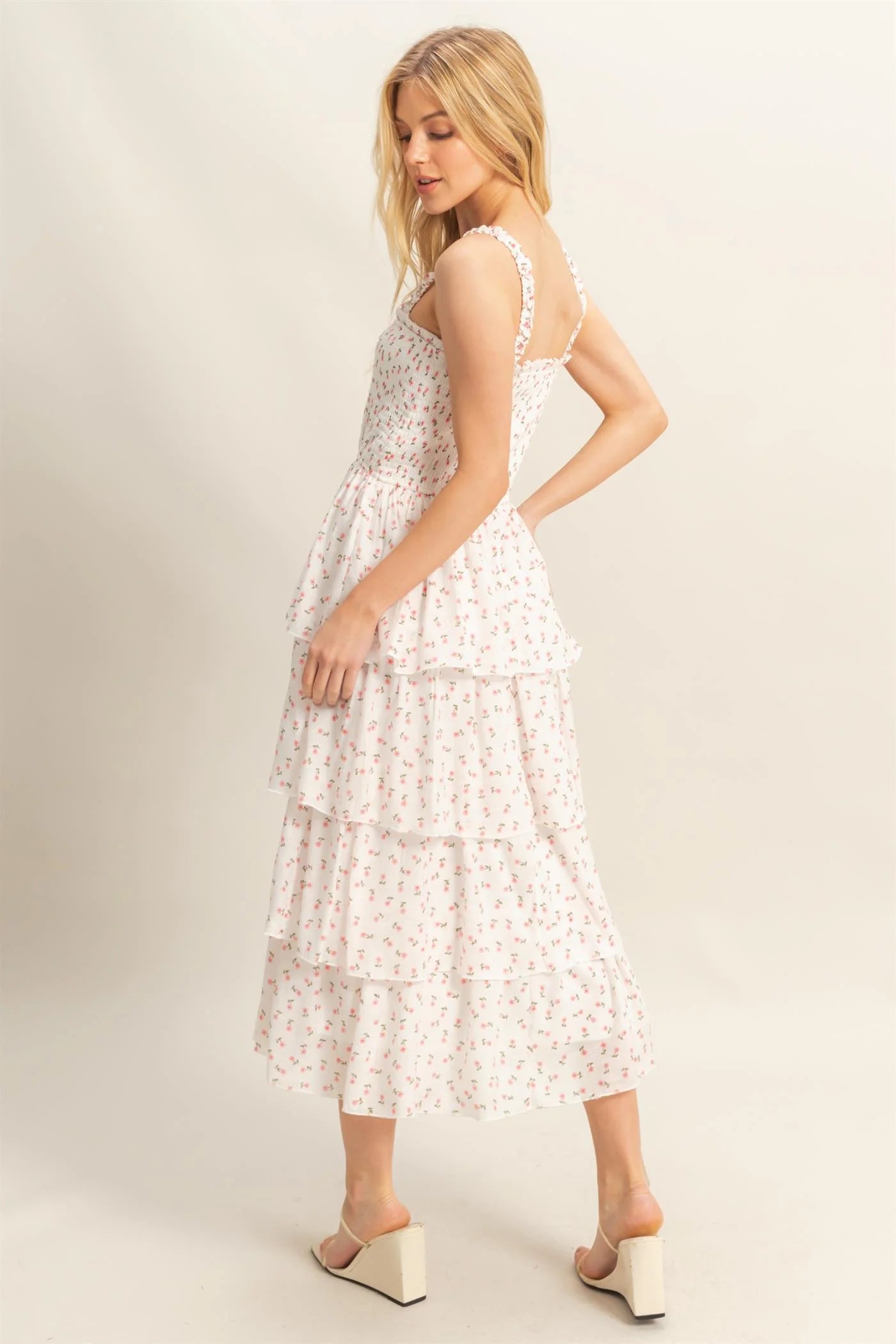 White Floral Tiered Midi Dress